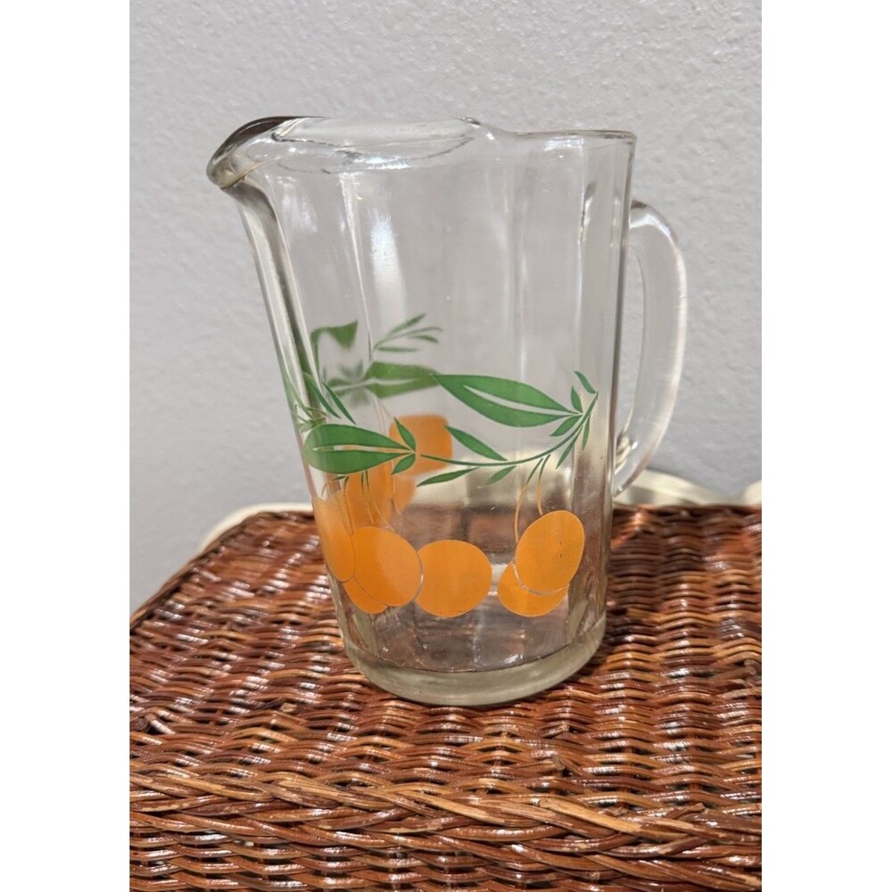 MCM 6 inch  Clear Glass Pitcher with Orange Fruit Pattern, Handle, Round Shape
